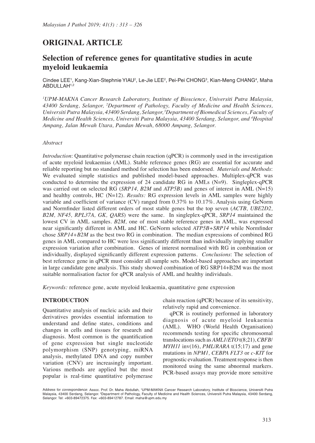 Selection of Reference Genes for Quantitative Studies in Acute