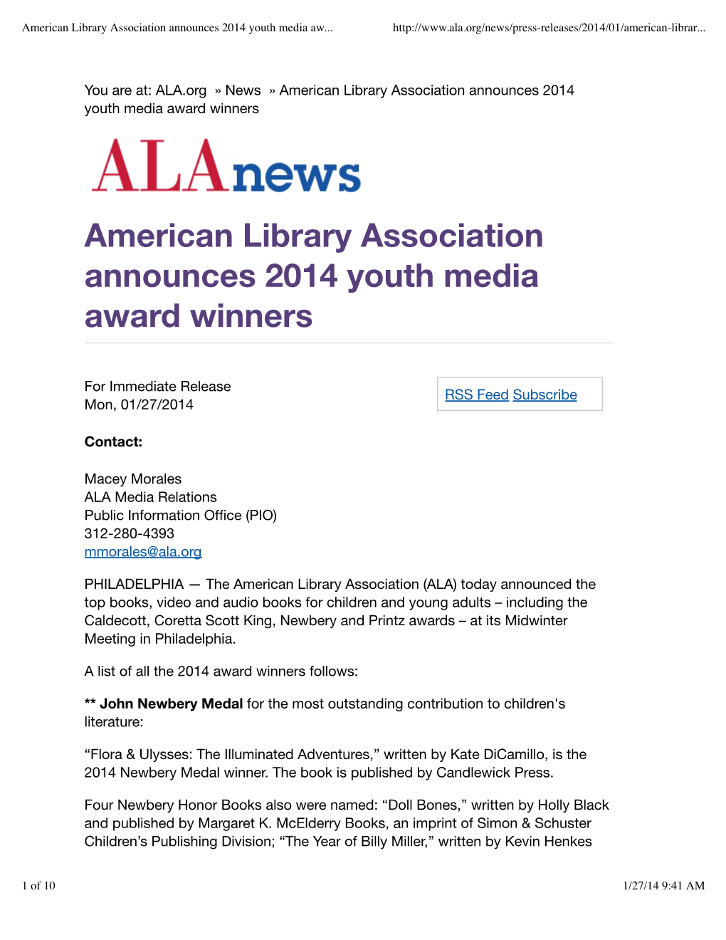 American Library Association Announces 2014 Youth Media Aw