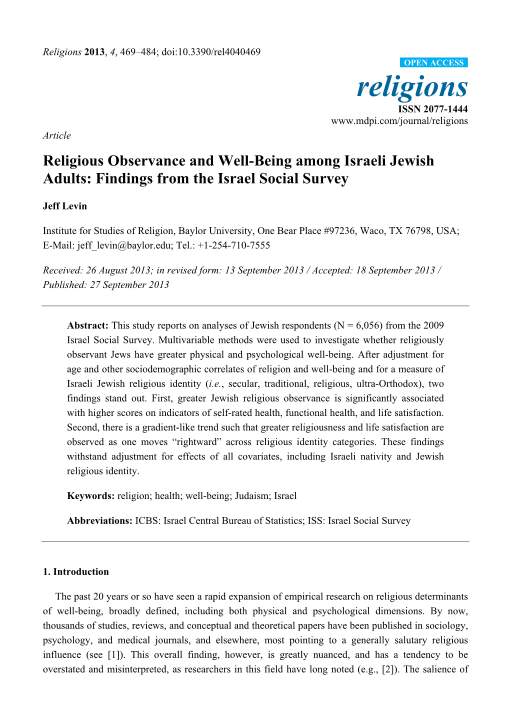 Religious Observance and Well-Being Among Israeli Jewish Adults: Findings from the Israel Social Survey