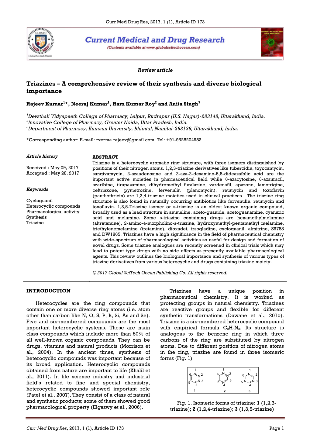 Triazines – a Comprehensive Review of Their Synthesis and Diverse Biological Importance