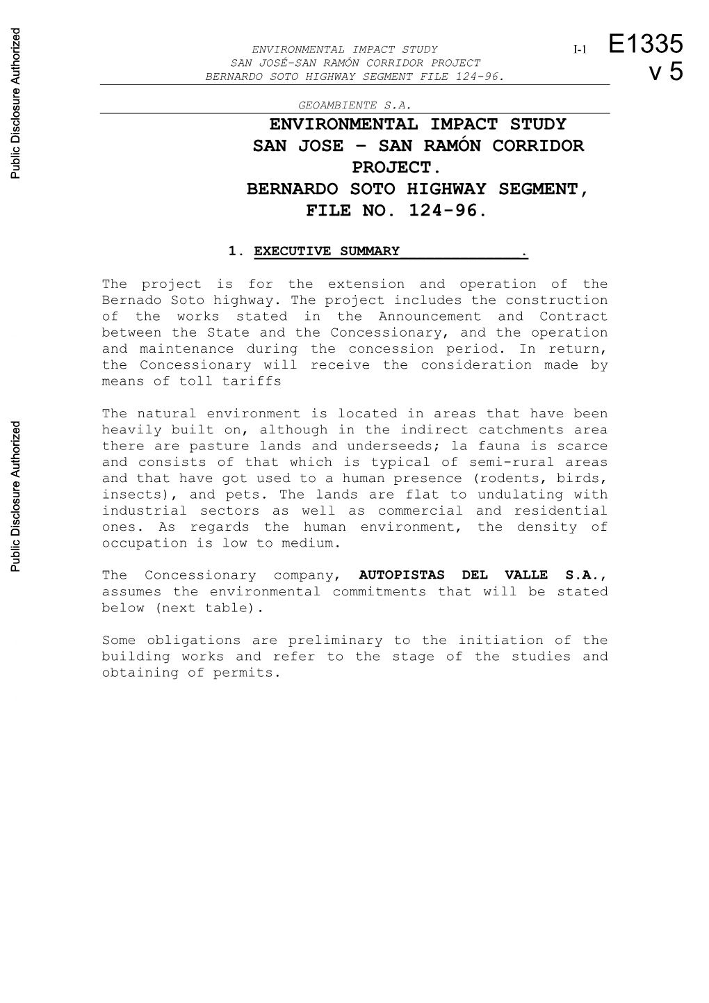 Environmental Impact Study San Jose – San Ramón Corridor Project