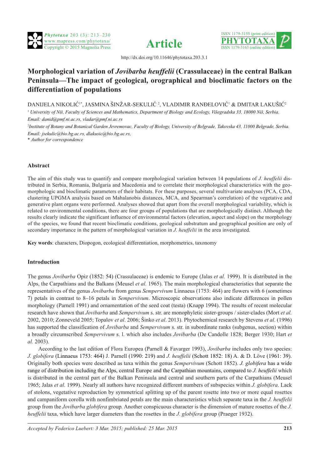 Morphological Variation of Jovibarba Heuffelii (Crassulaceae) in The