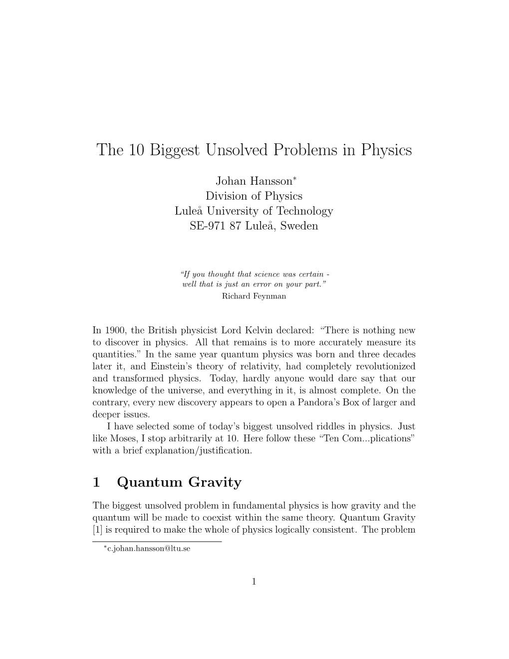 The 10 Biggest Unsolved Problems in Physics