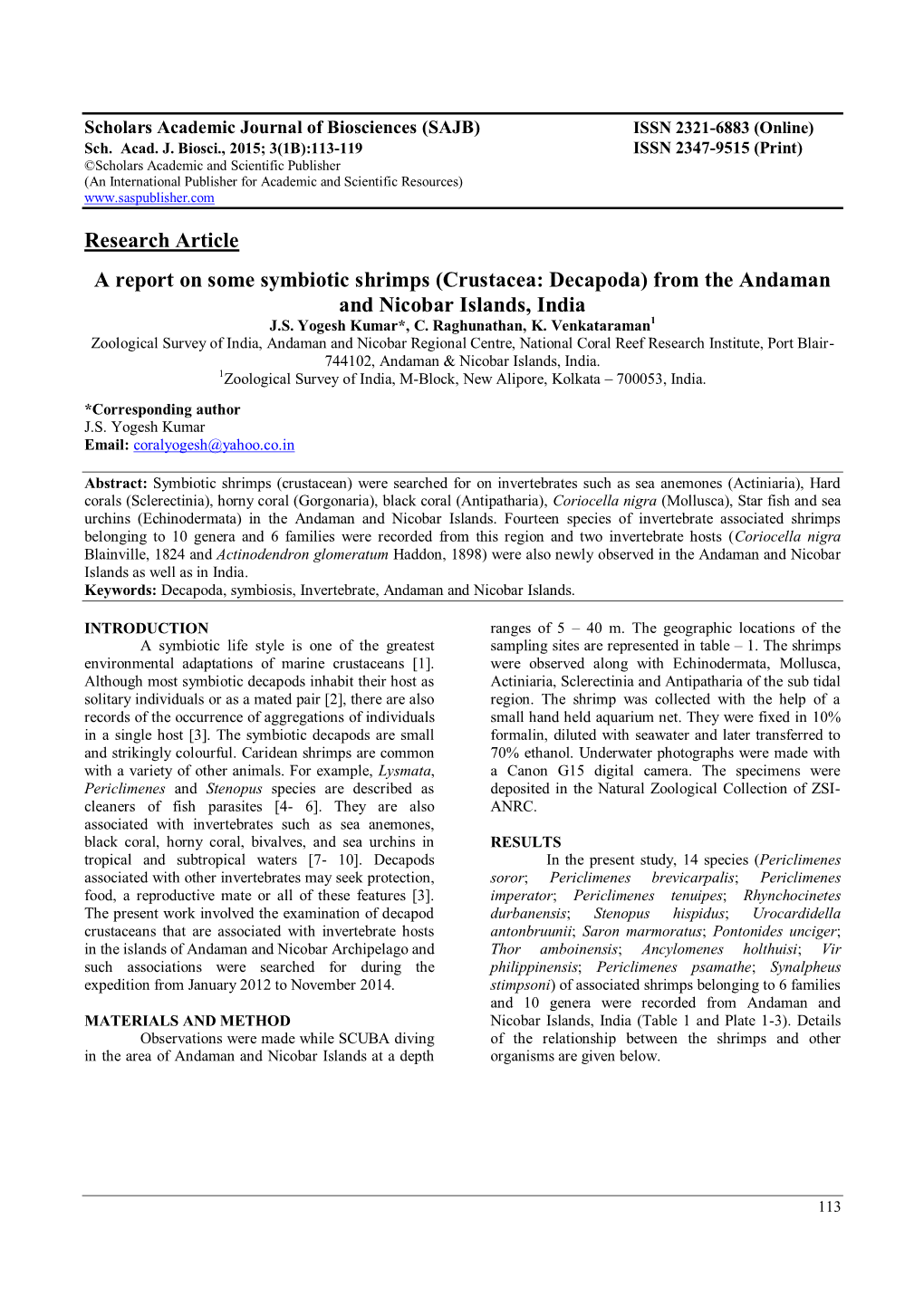 (Crustacea: Decapoda) from the Andaman and Nicobar Islands, India J.S