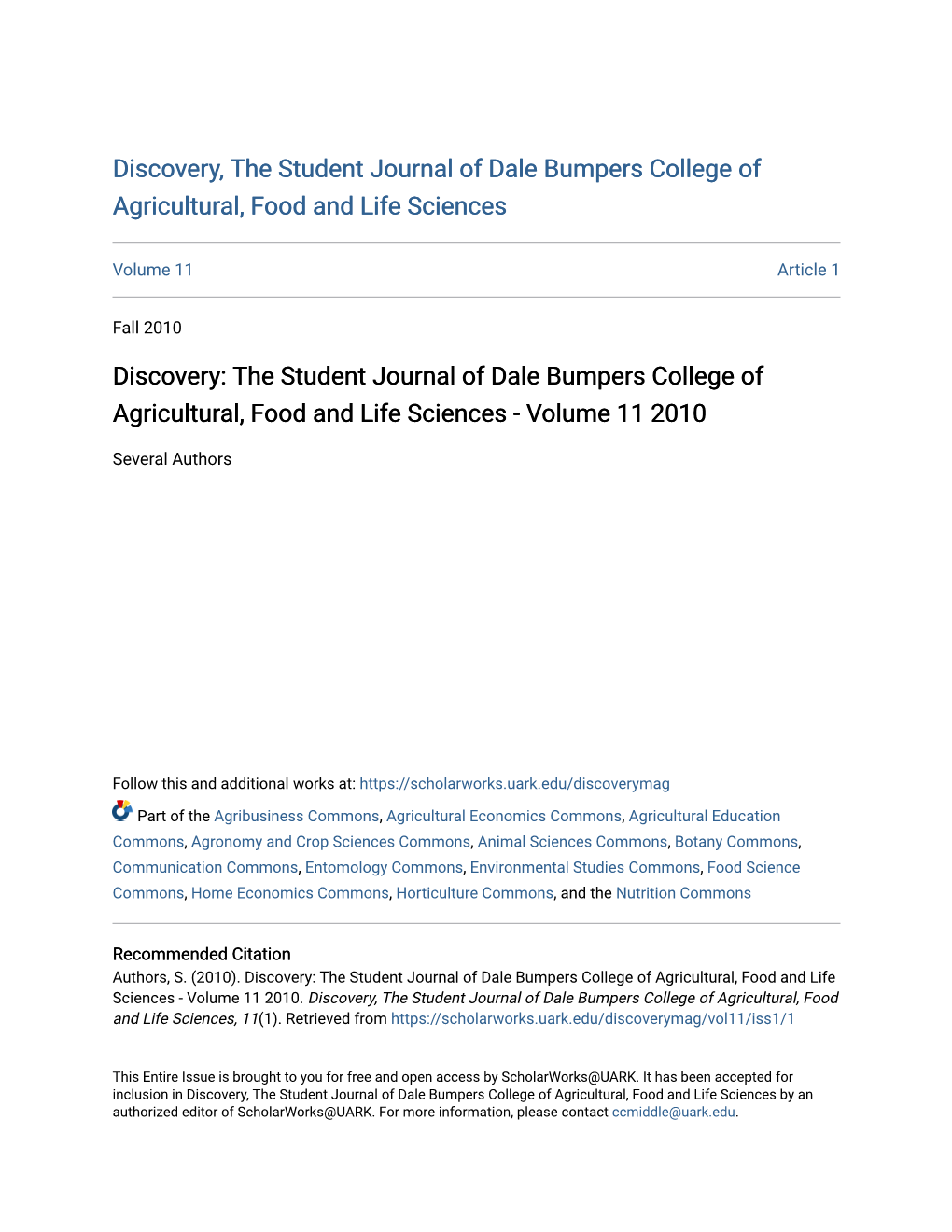 Discovery: the Student Journal of Dale Bumpers College of Agricultural, Food and Life Sciences - Volume 11 2010