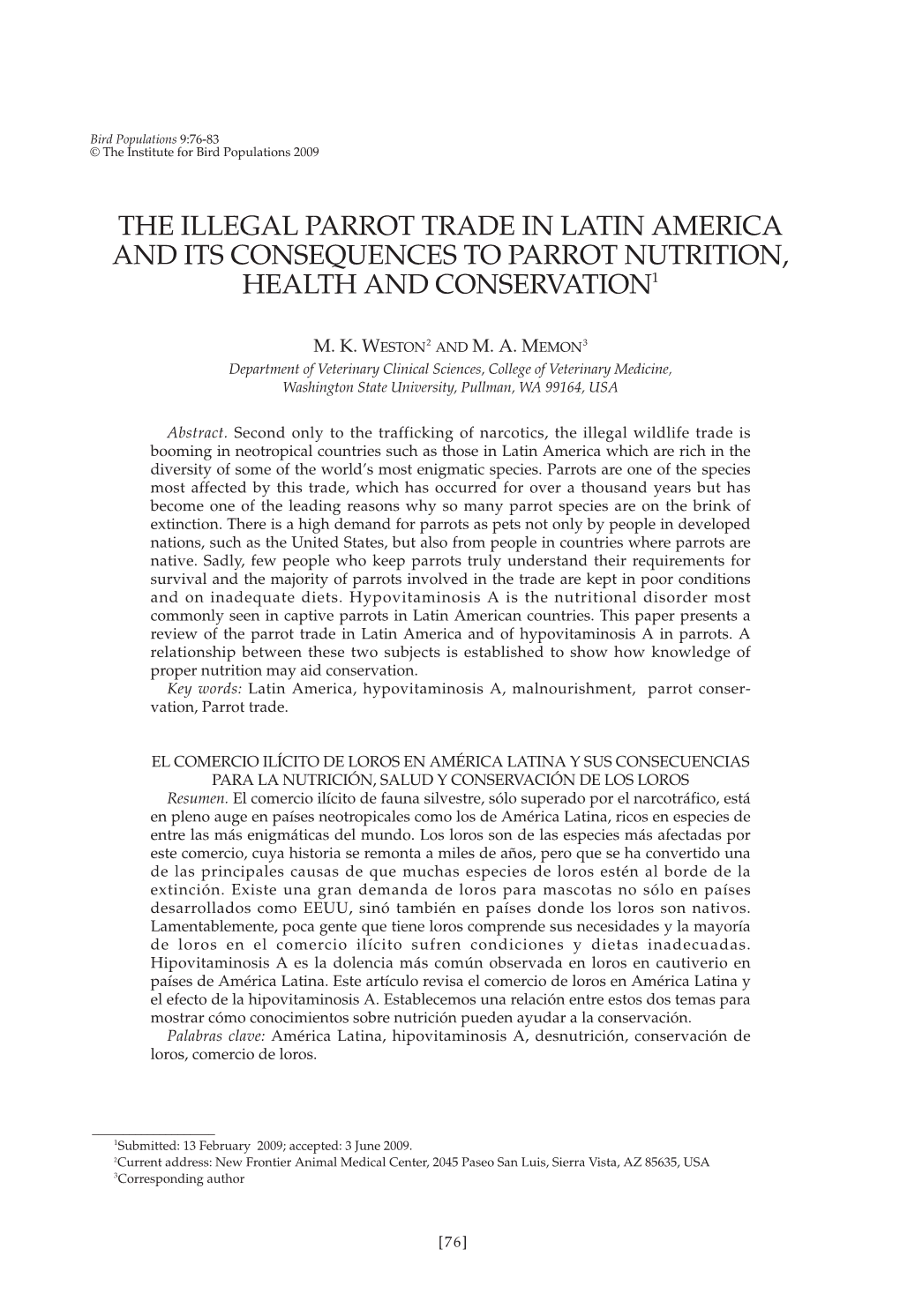 The Illegal Parrot Trade in Latin America and Its Consequences to Parrot Nutrition, Health and Conservation1