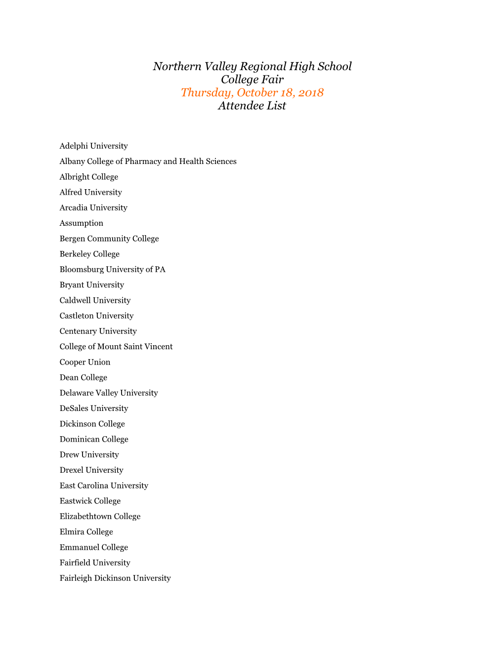 Northern Valley Regional High School College Fair Thursday, October 18, 2018 Attendee List