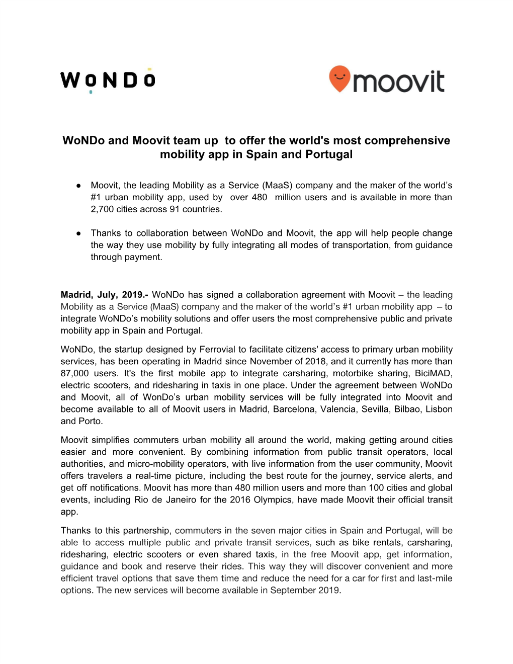 Wondo and Moovit Team up to Offer the World's Most Comprehensive Mobility App in Spain and Portugal