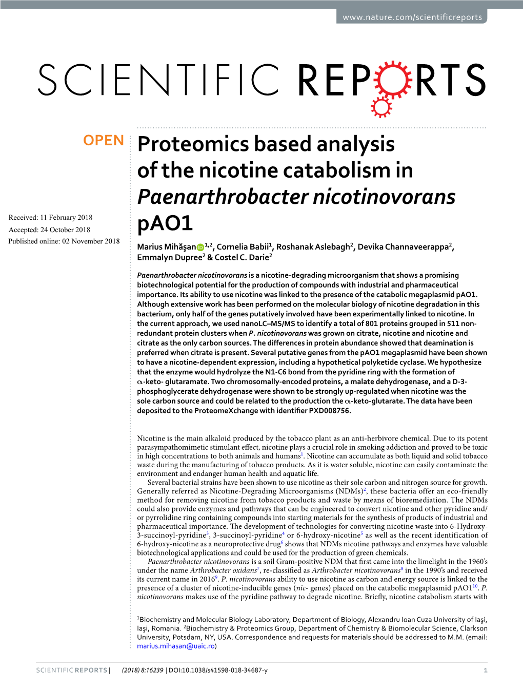 Proteomics Based Analysis of the Nicotine Catabolism In