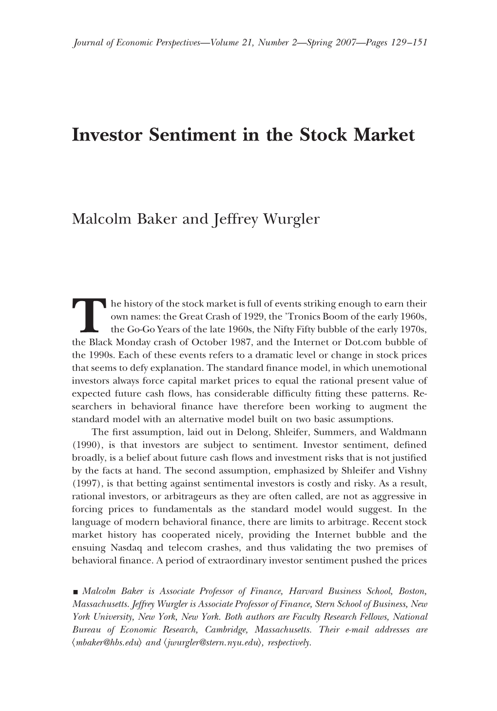 Investor Sentiment in the Stock Market