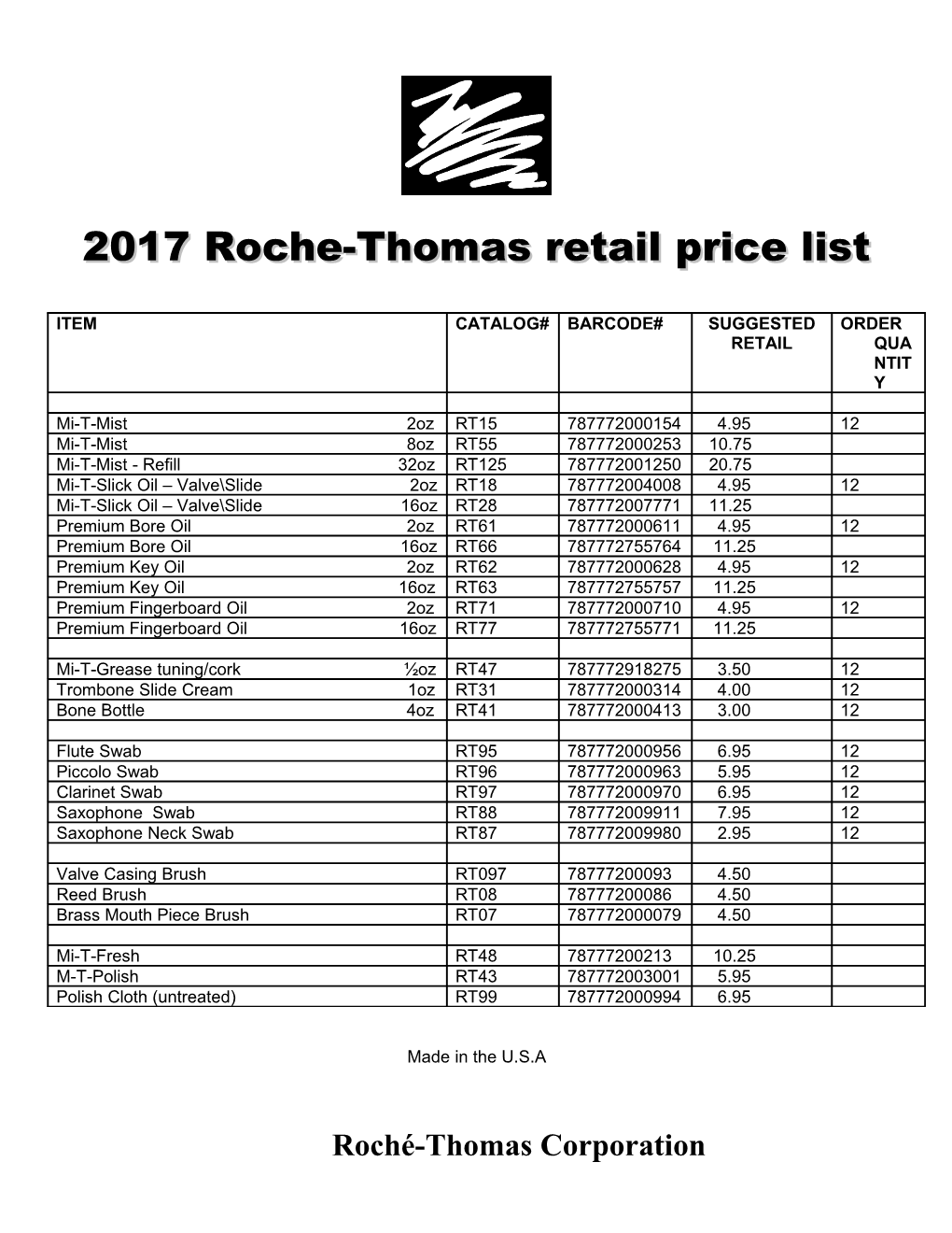 Roche-Thomas Price List