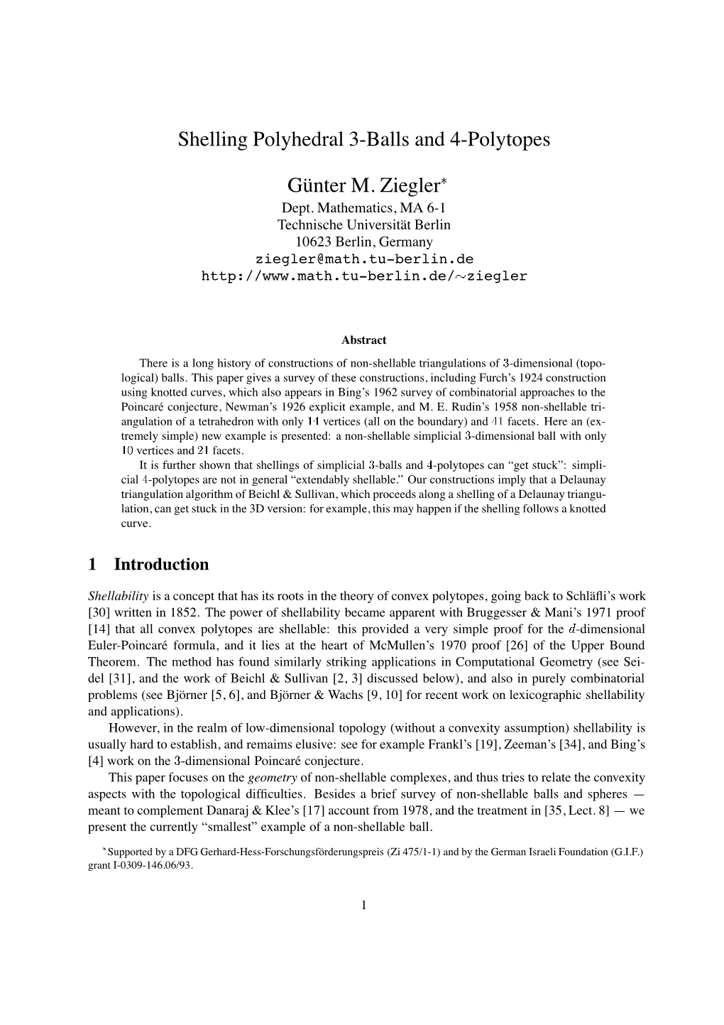 Shelling Polyhedral 3-Balls and 4-Polytopes G¨Unter M. Ziegler