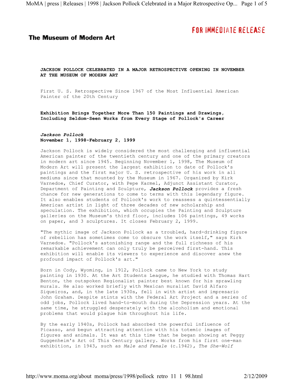Page 1 of 5 Moma | Press | Releases | 1998 | Jackson Pollock Celebrated