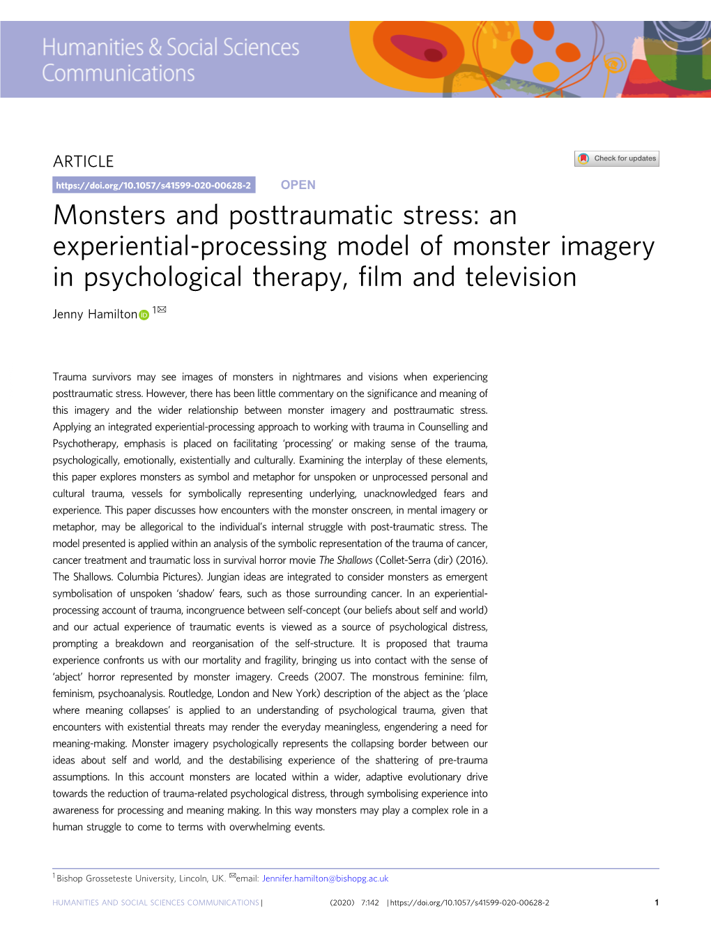 Monsters and Posttraumatic Stress: an Experiential-Processing Model of Monster Imagery in Psychological Therapy, ﬁlm and Television ✉ Jenny Hamilton 1