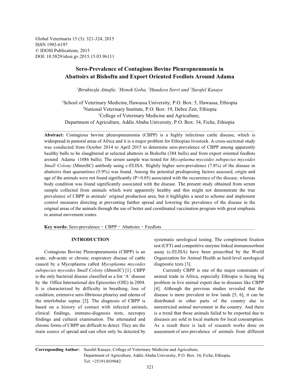 Sero-Prevalence of Contagious Bovine Pleuropneumonia in Abattoirs at Bishoftu and Export Oriented Feedlots Around Adama