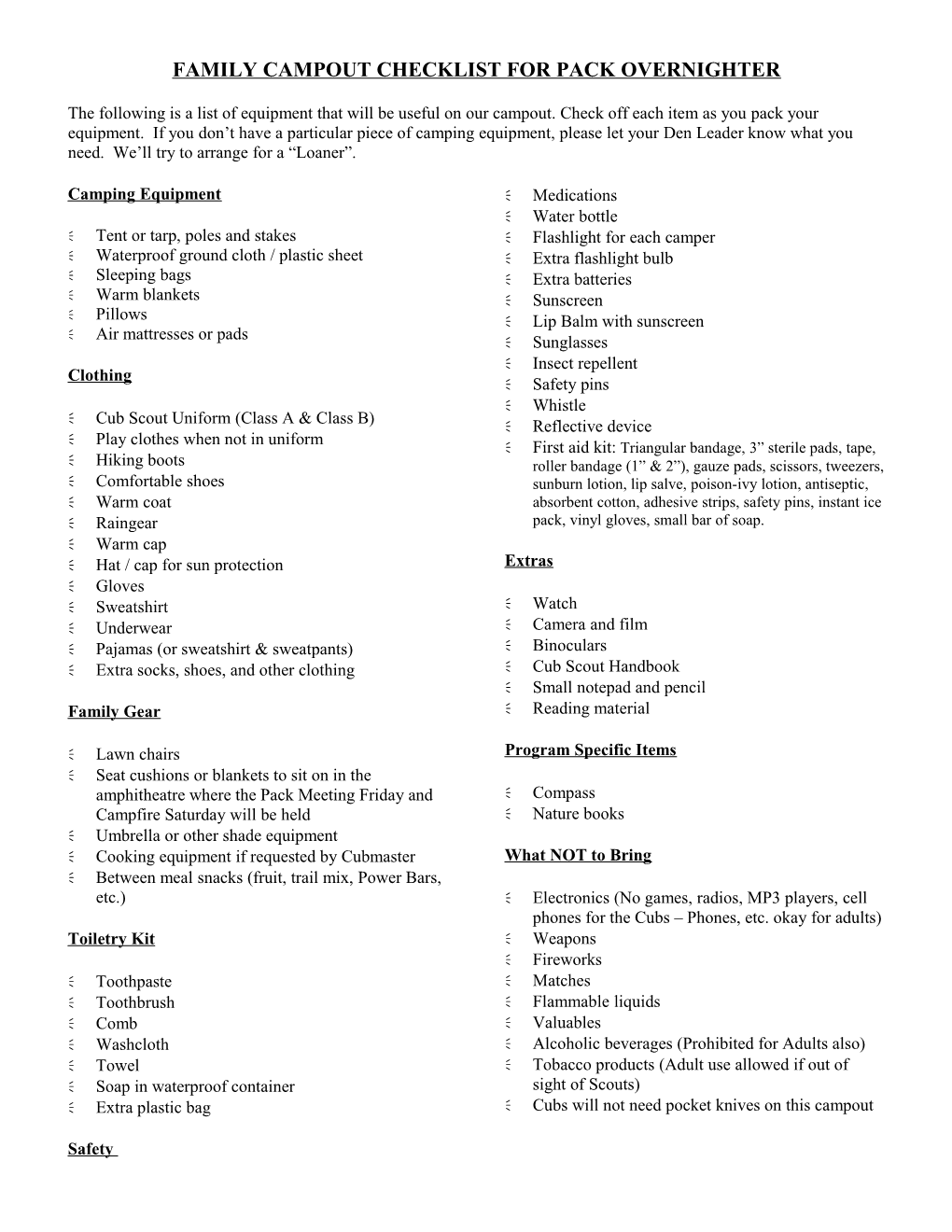 Indivdual Campout Checklist for Pack Overnighter