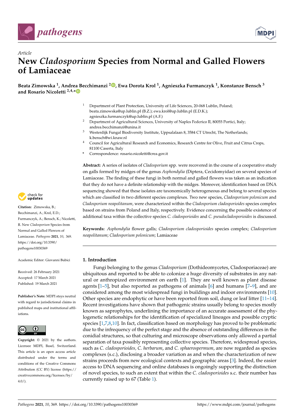 New Cladosporium Species from Normal and Galled Flowers of Lamiaceae