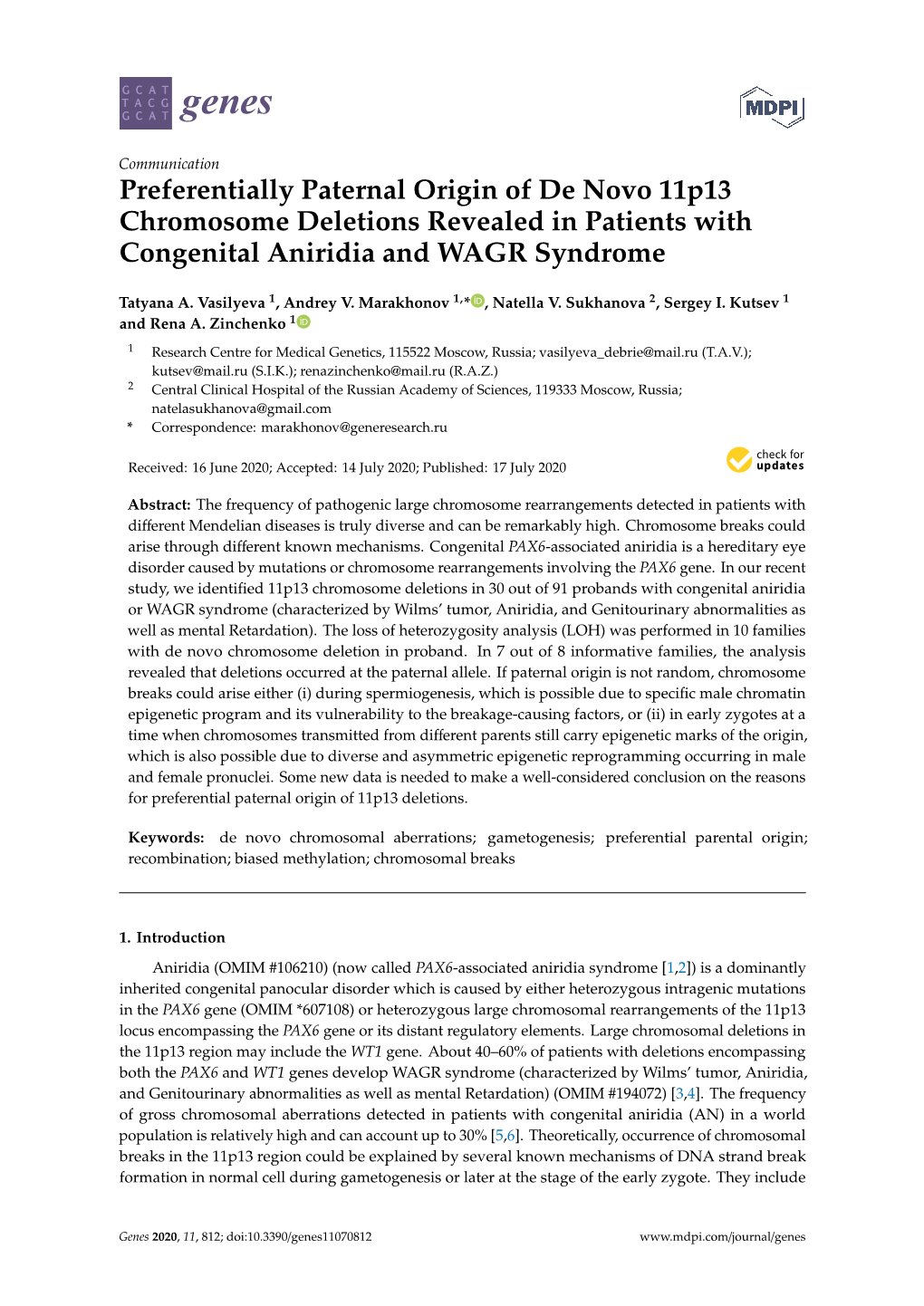 Preferentially Paternal Origin of De Novo 11P13 Chromosome Deletions Revealed in Patients with Congenital Aniridia and WAGR Syndrome