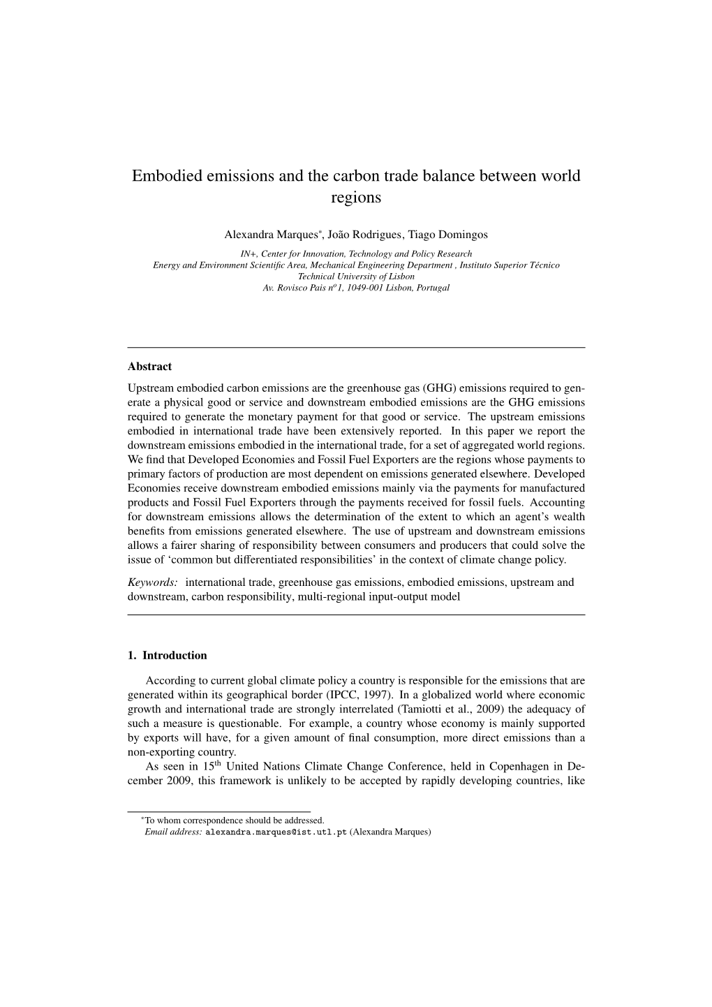 Embodied Emissions and the Carbon Trade Balance Between World Regions