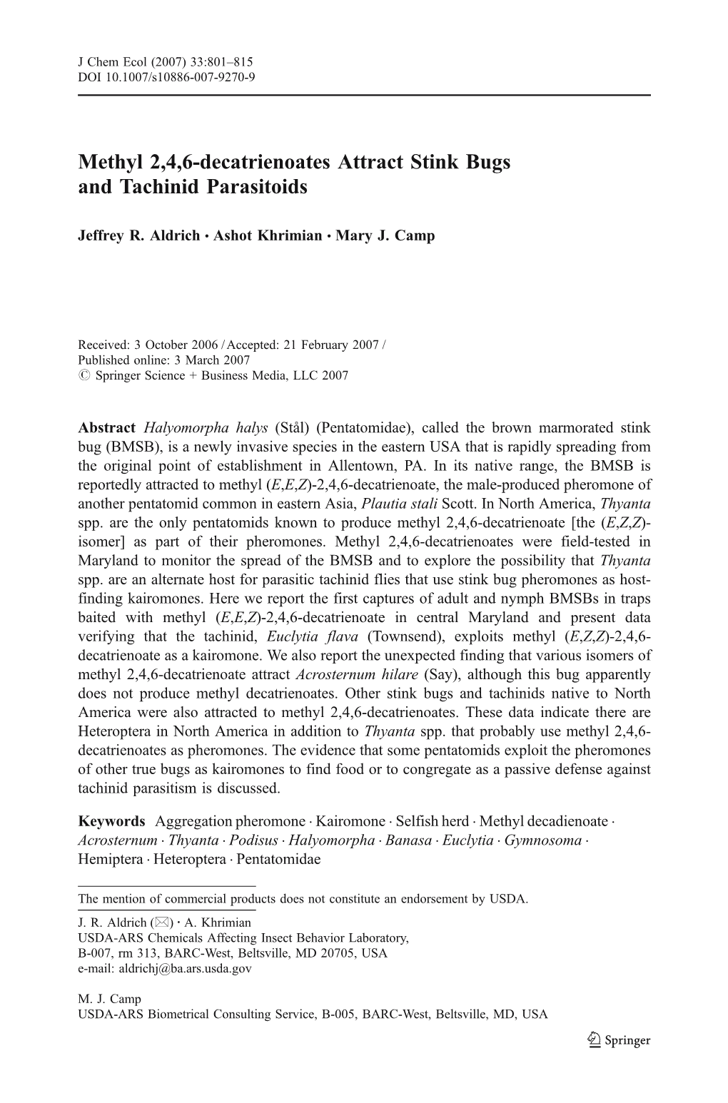 Methyl 2,4,6-Decatrienoates Attract Stink Bugs and Tachinid Parasitoids