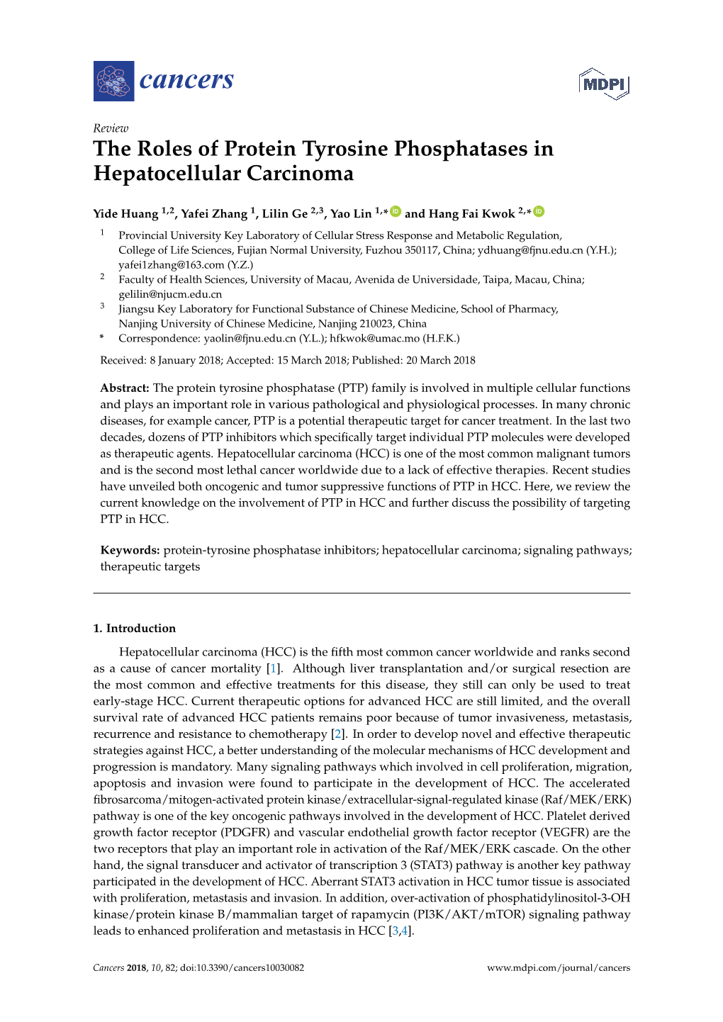 The Roles of Protein Tyrosine Phosphatases in Hepatocellular Carcinoma