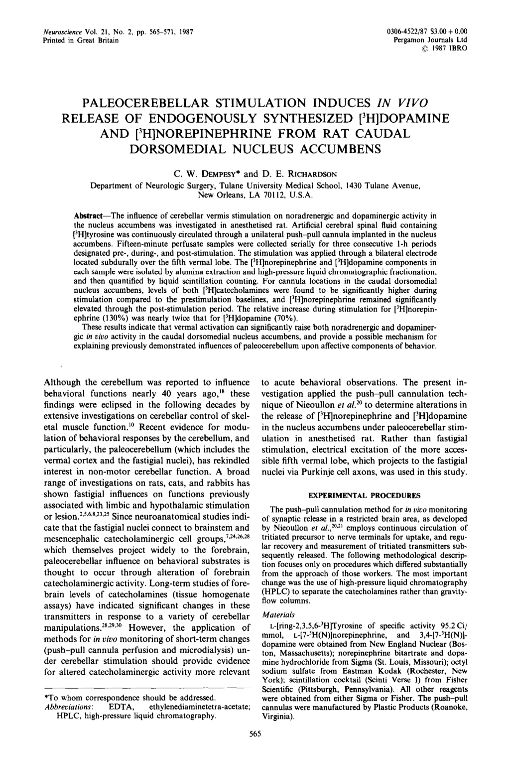 Dopamine and [3H]Norepinephrine from Rat Caudal Dorsomedial Nucleus Accumbens