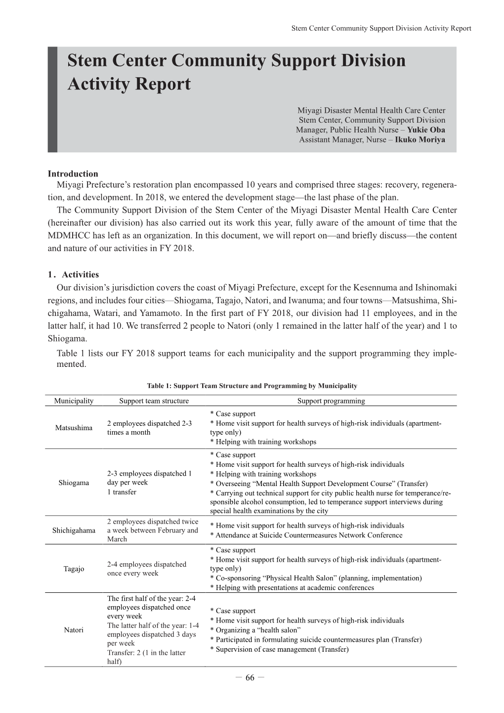 Stem Center Community Support Division Activity Report