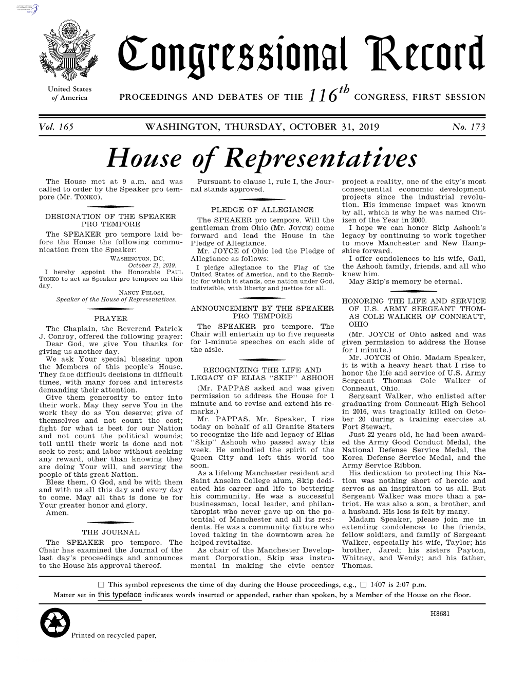 Congressional Record United States Th of America PROCEEDINGS and DEBATES of the 116 CONGRESS, FIRST SESSION