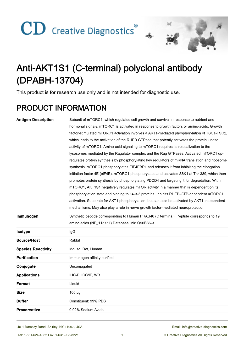 Anti-AKT1S1 (C-Terminal) Polyclonal Antibody (DPABH-13704) This Product Is for Research Use Only and Is Not Intended for Diagnostic Use