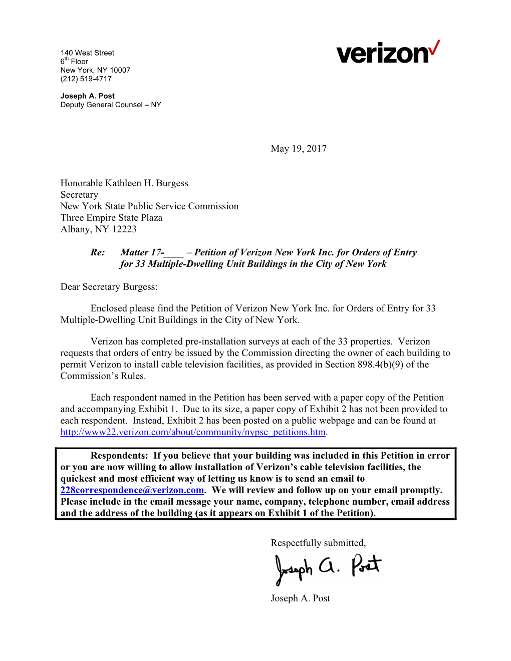 Petition of Verizon New York Inc. for Orders of Entry for 33 Multiple-Dwelling Unit Buildings in the City of New York