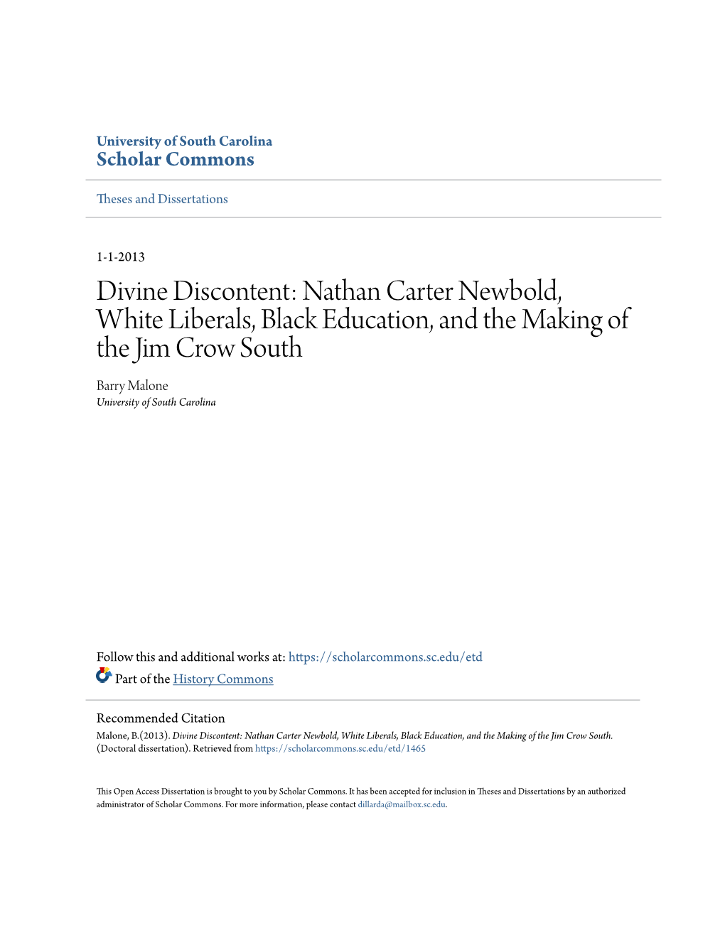 Nathan Carter Newbold, White Liberals, Black Education, and the Making of the Jim Crow South Barry Malone University of South Carolina