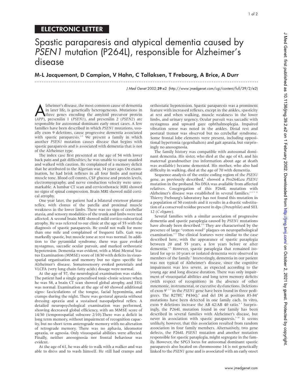 Spastic Paraparesis and Atypical Dementia Caused by PSEN1