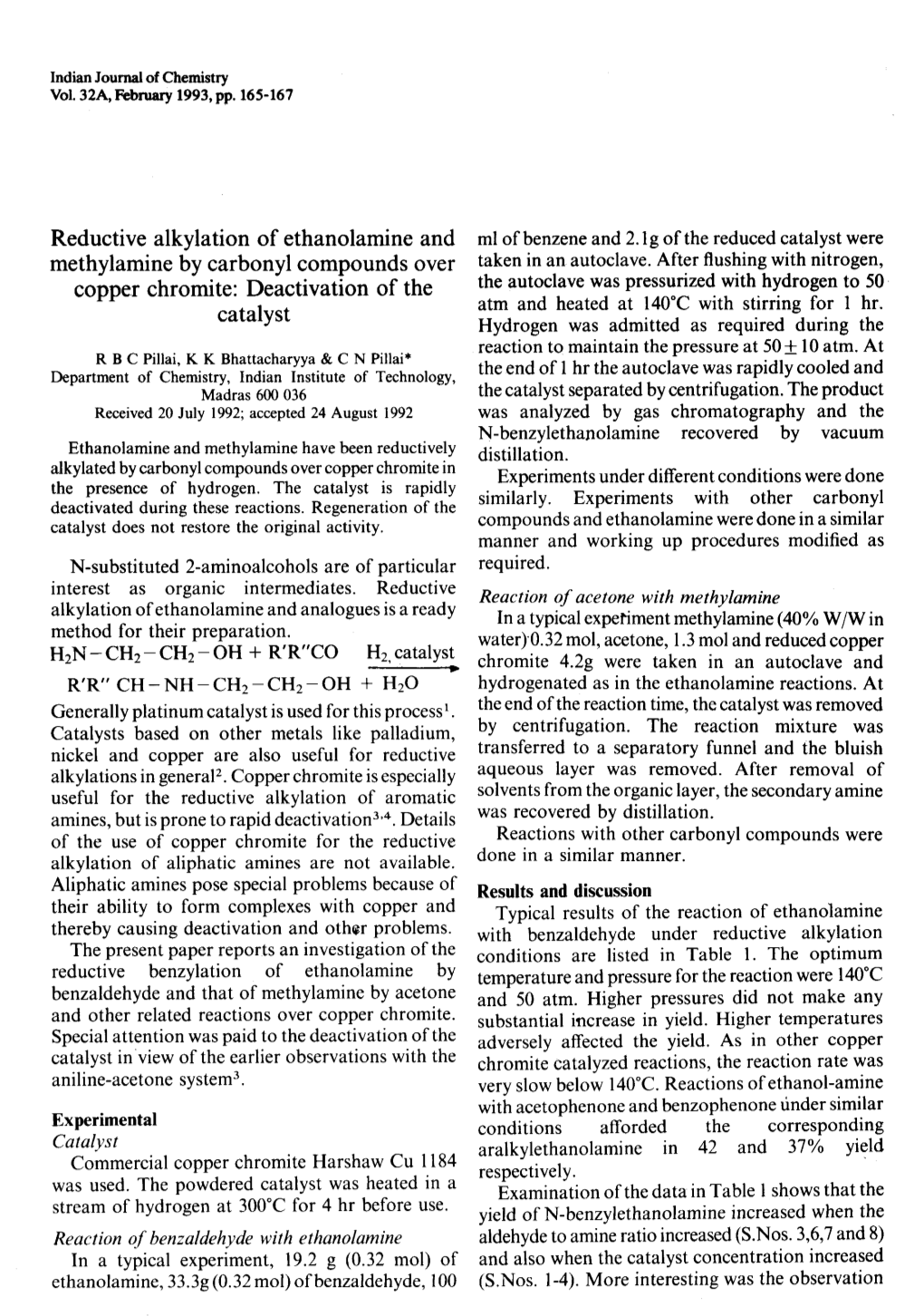 Reductive Alkylation of Ethanolamine and Methylamine