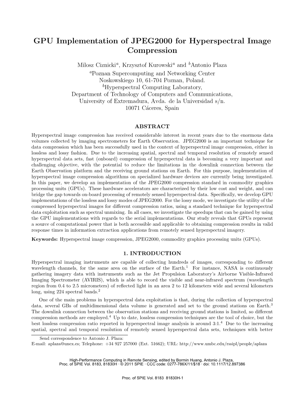 GPU Implementation of JPEG2000 for Hyperspectral Image Compression