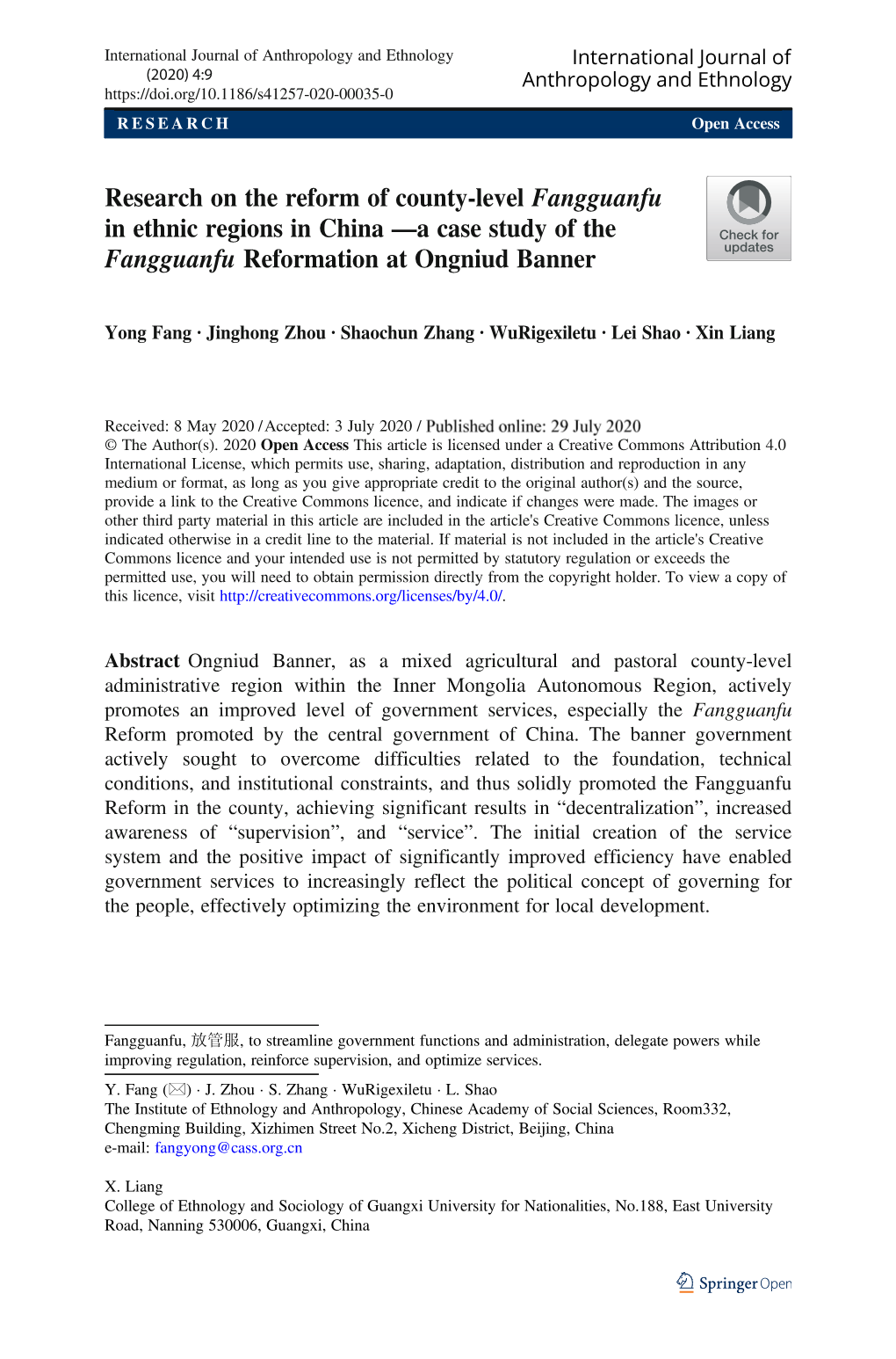 Research on the Reform of County-Level Fangguanfu in Ethnic Regions in China —A Case Study of the Fangguanfu Reformation at Ongniud Banner