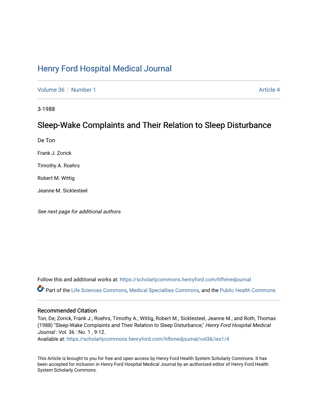 Sleep-Wake Complaints and Their Relation to Sleep Disturbance