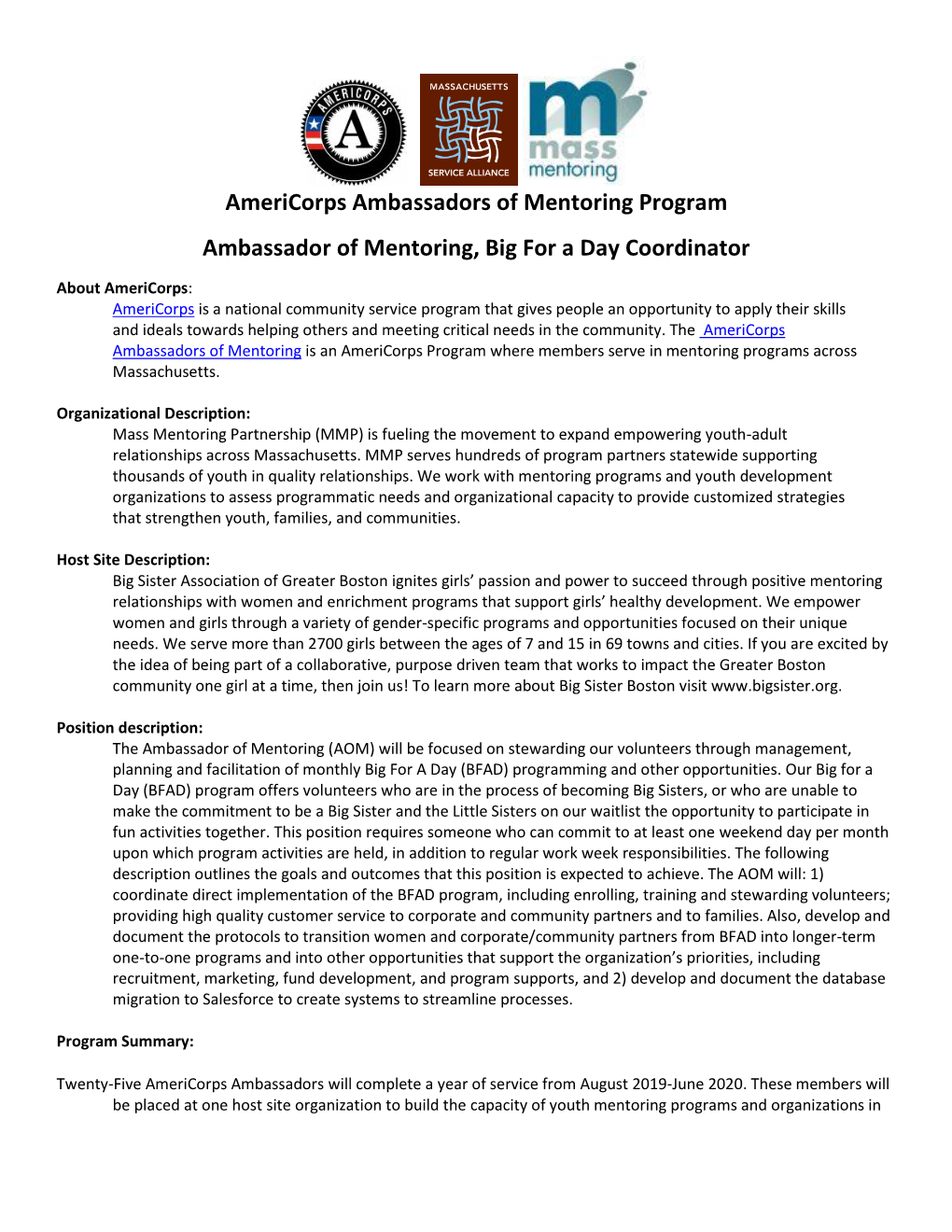 Americorps Ambassadors of Mentoring Program Ambassador of Mentoring, Big for a Day Coordinator