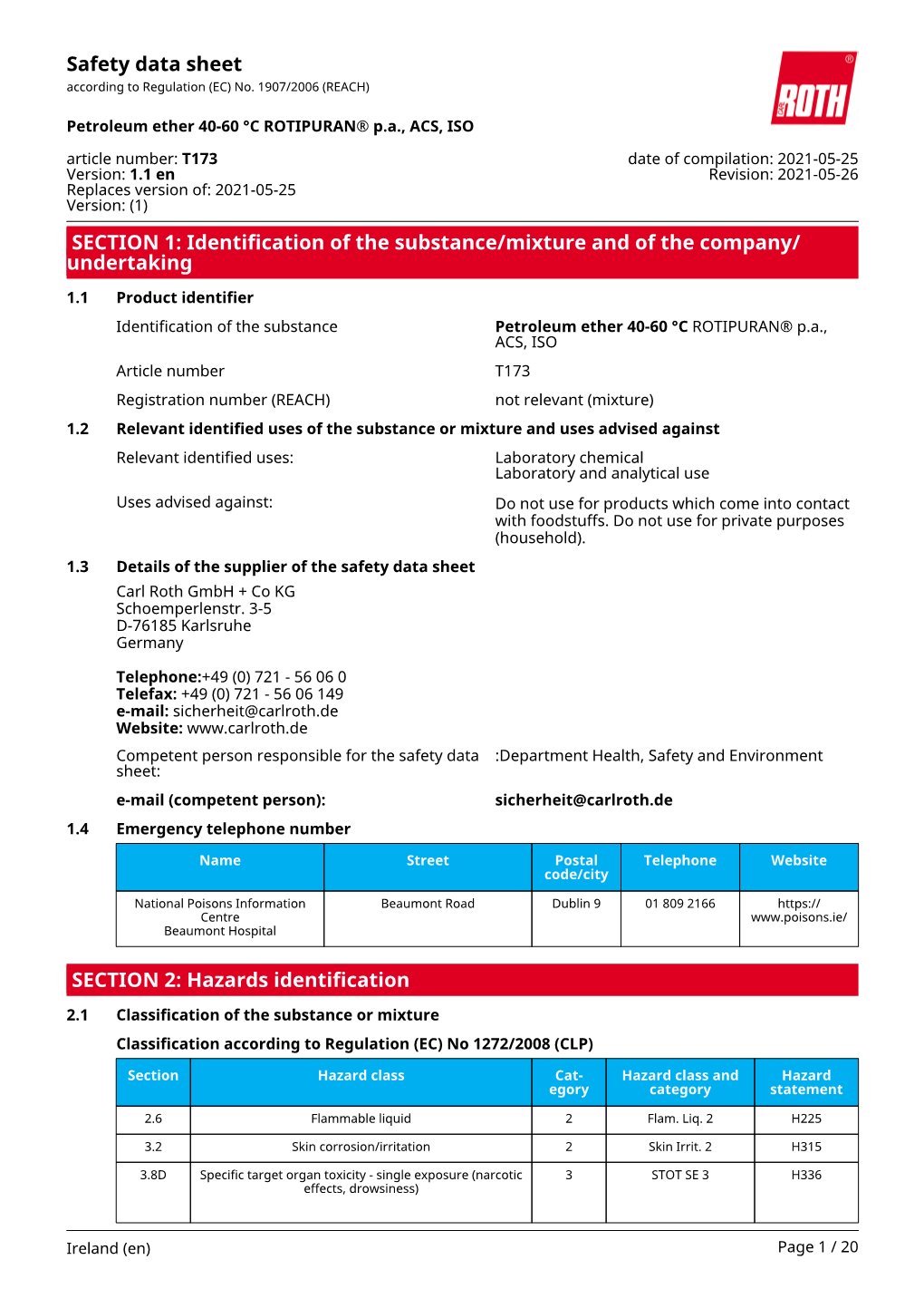 Safety Data Sheet: Petroleum Ether 40-60 °C