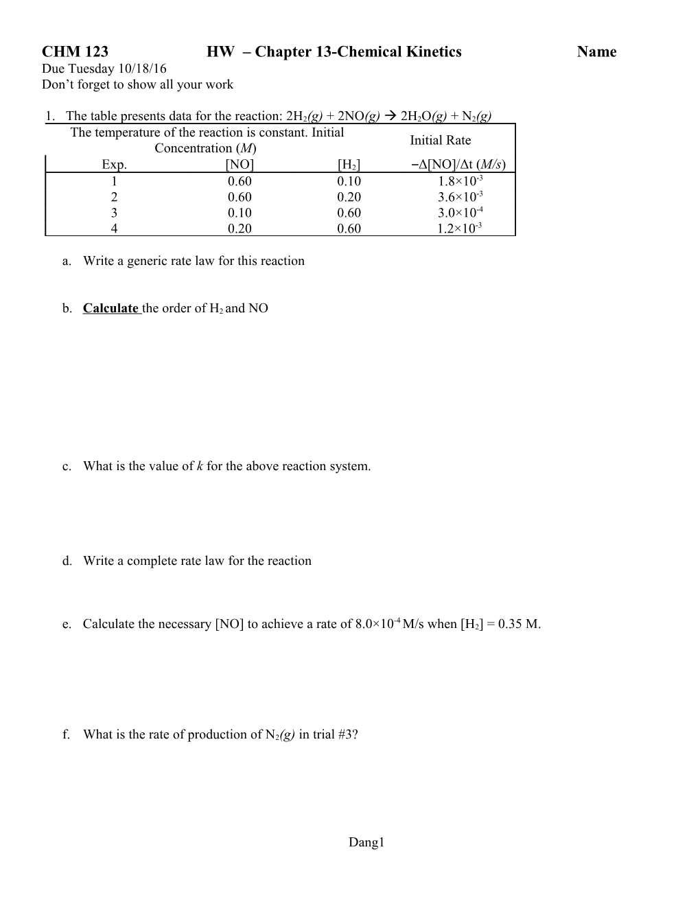 CHM 123 HW Chapter 13-Chemical Kinetics Name