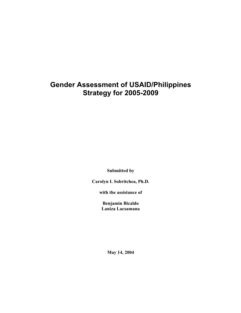 Gender Assessment of USAID/Philippines Strategy for 2005-2009