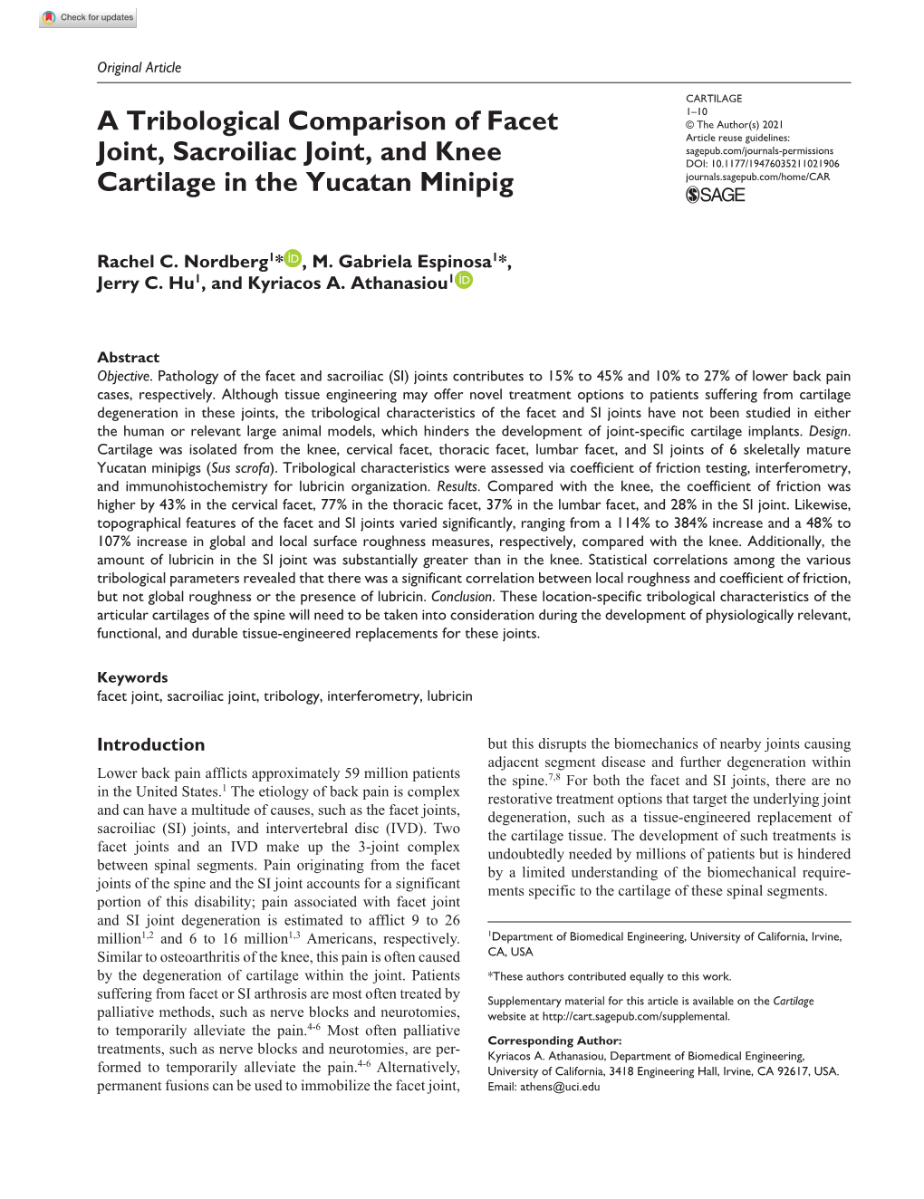 A Tribological Comparison of Facet Joint, Sacroiliac Joint, and Knee