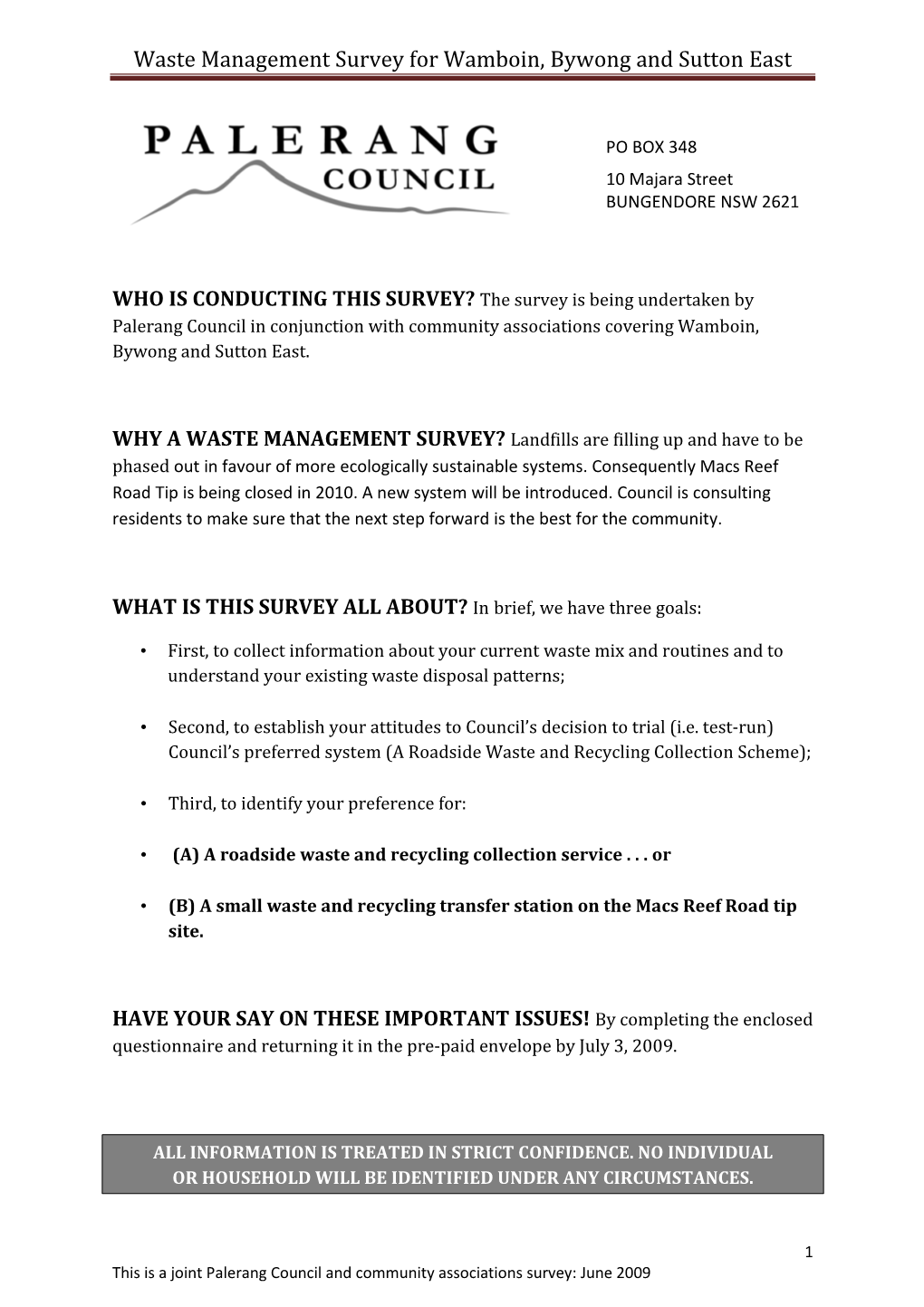 Waste Management Survey for Wamboin, Bywong and Sutton East