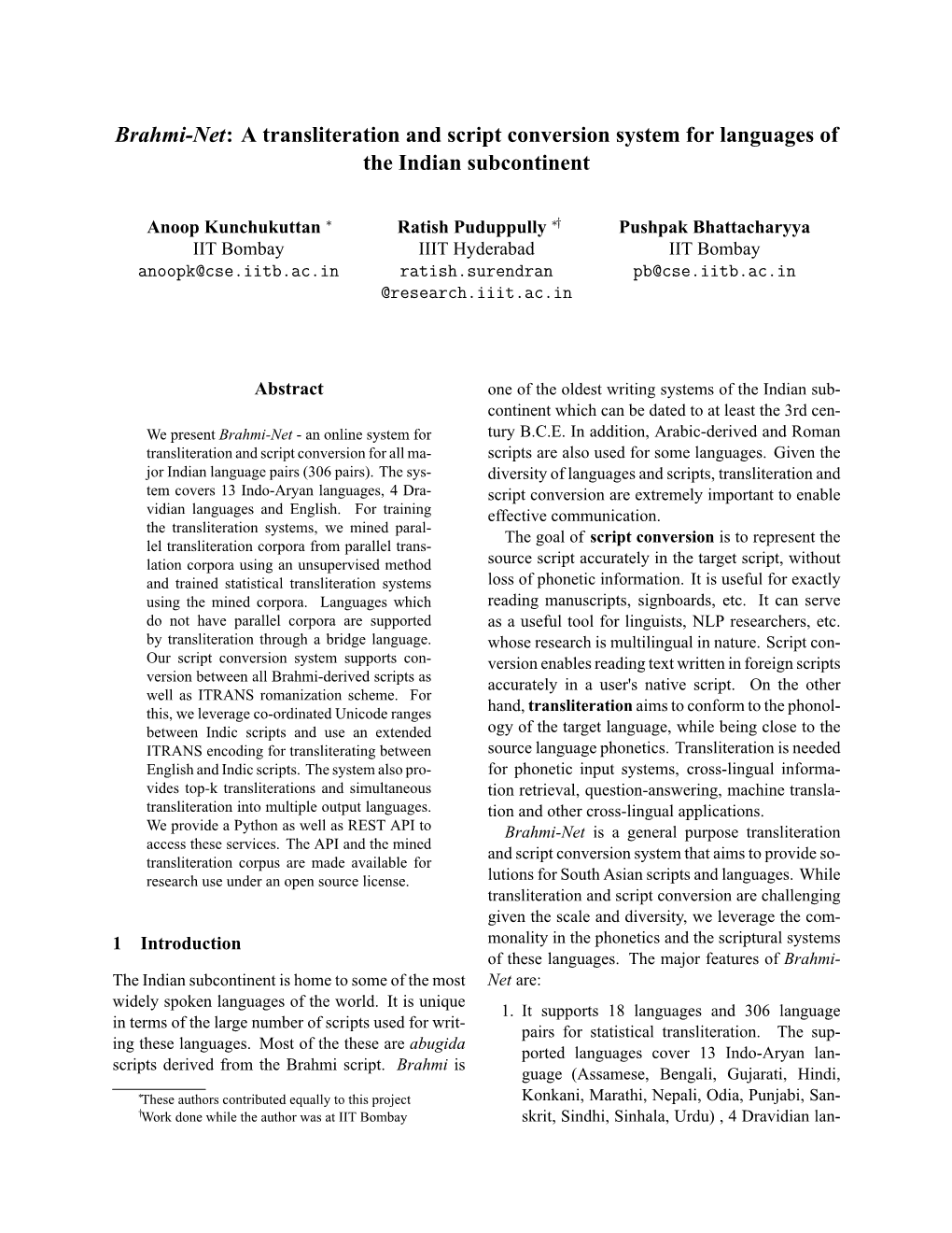 Brahmi-Net: a Transliteration and Script Conversion System for Languages of the Indian Subcontinent