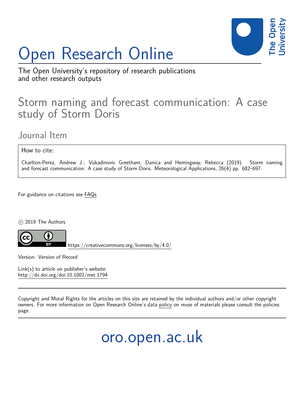 Storm Naming and Forecast Communication: a Case Study of Storm Doris