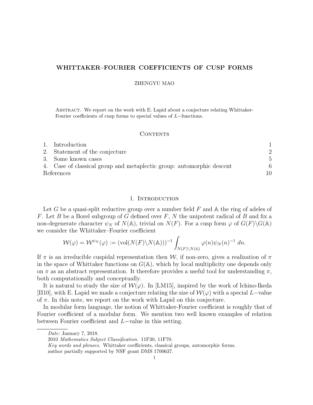 Whittaker–Fourier Coefficients of Cusp Forms