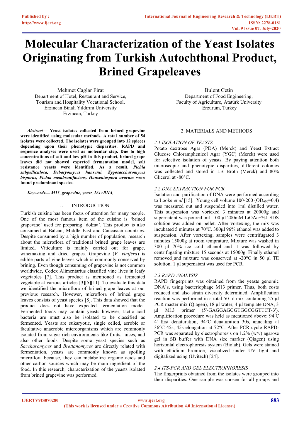 Molecular Characterization of the Yeast Isolates Originating from Turkish Autochthonal Product, Brined Grapeleaves