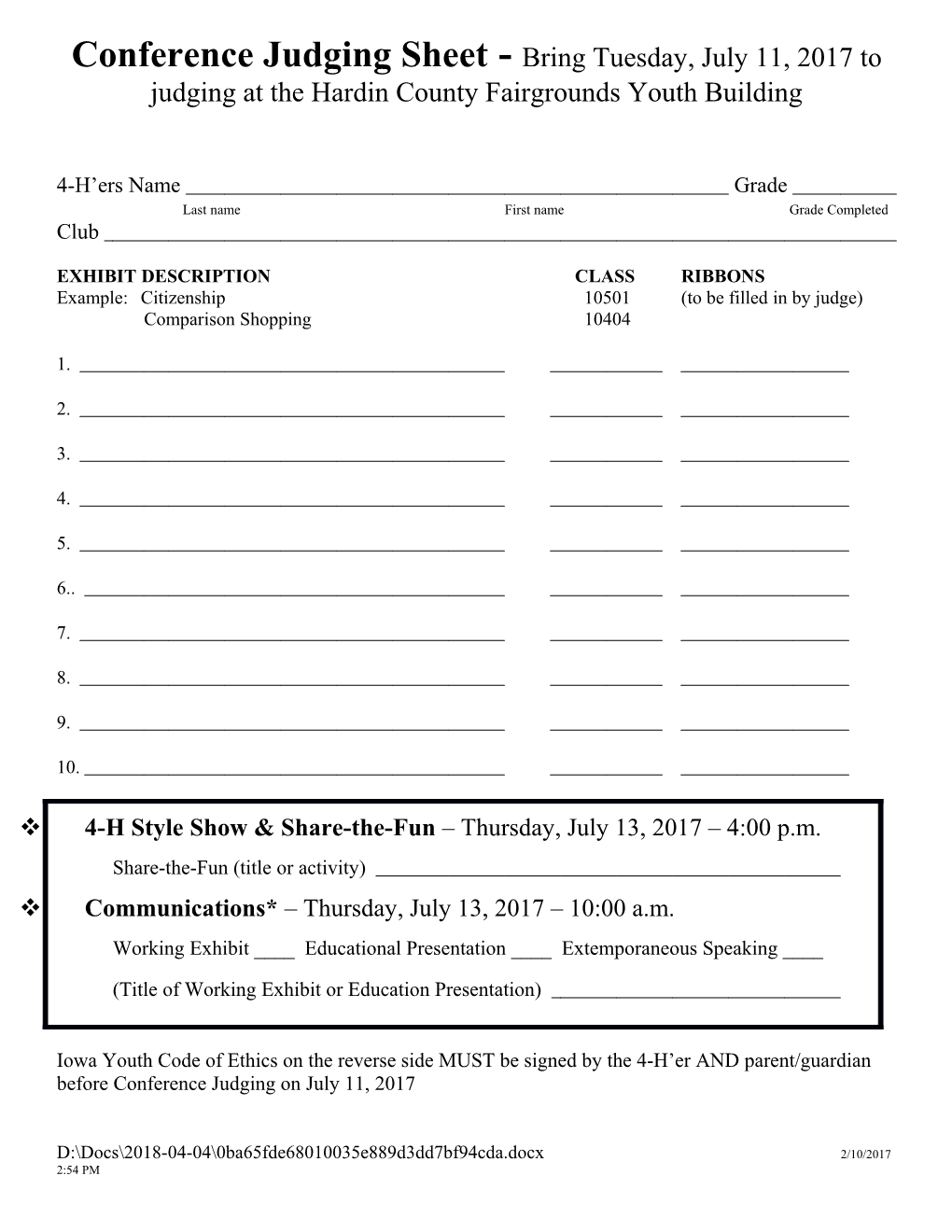 Conference Judging Sheet - Bring July 18 to Judging at the Hardin County Fairgrounds Youth