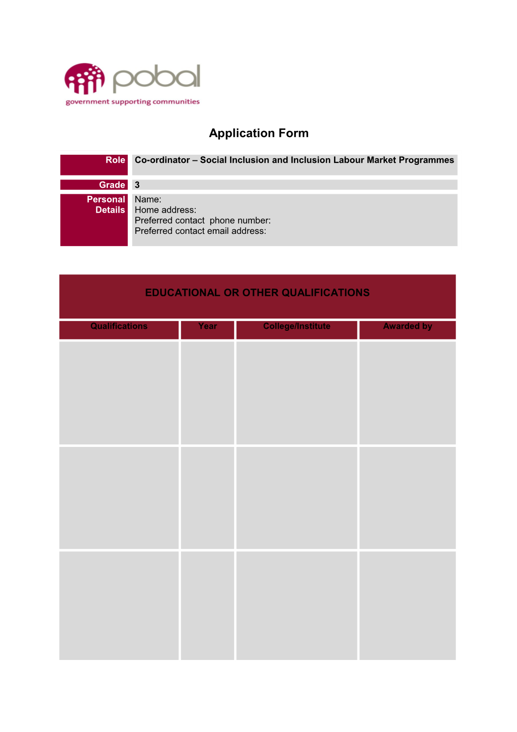 Co-Ordinator Social Inclusion and Inclusion Labour Market Programmes - Application Form