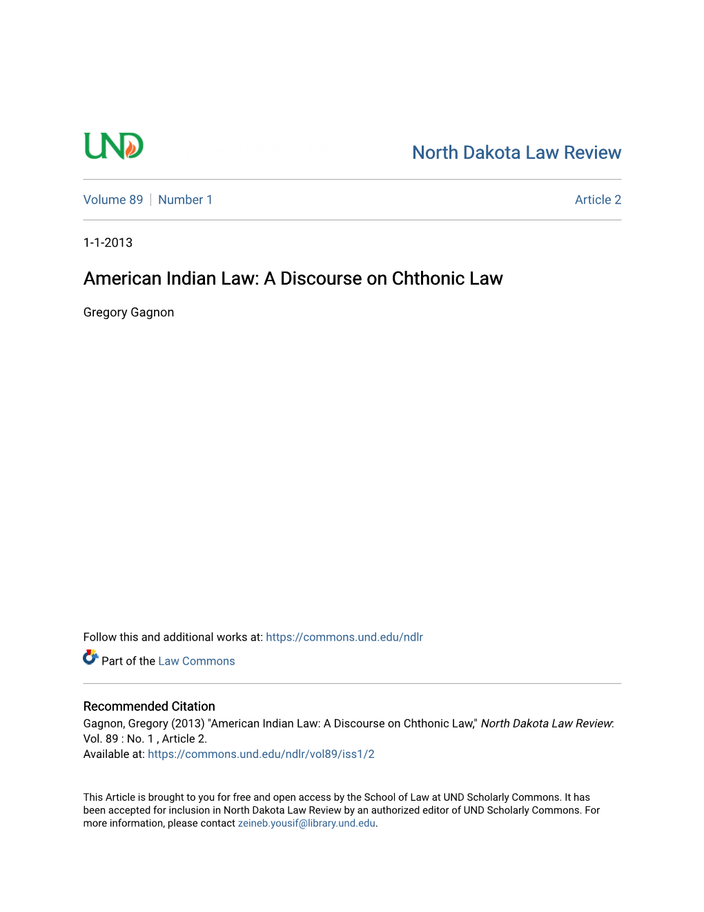 American Indian Law: a Discourse on Chthonic Law