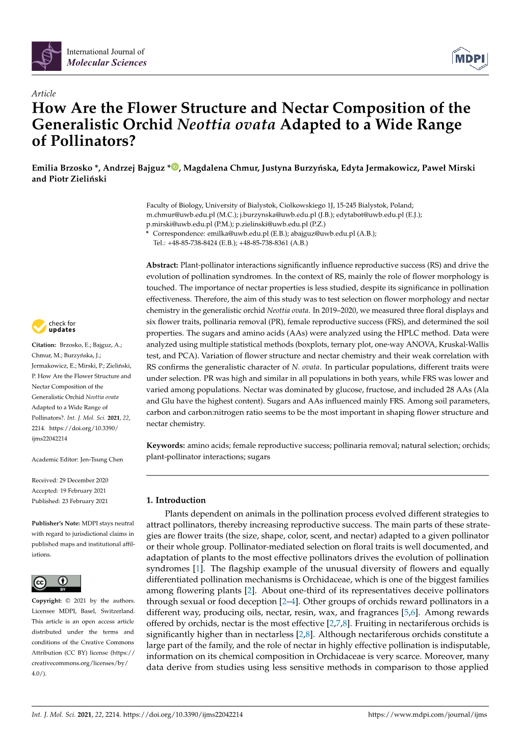 How Are the Flower Structure and Nectar Composition of the Generalistic Orchid Neottia Ovata Adapted to a Wide Range of Pollinators?